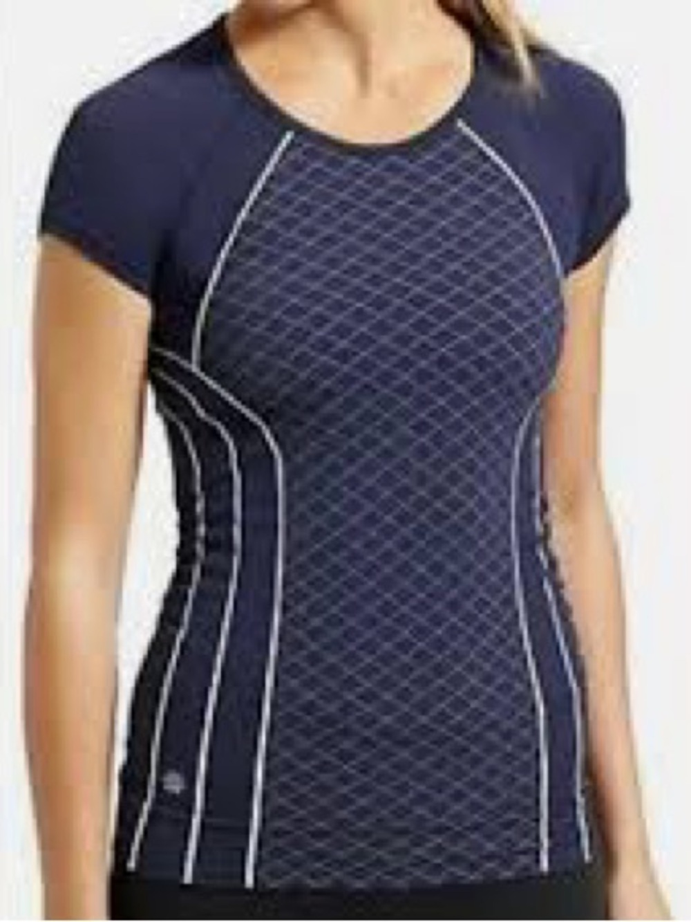 Athleta Finish Fast Line Tee Navy Diamond Seamless Ruched Running Top Size L